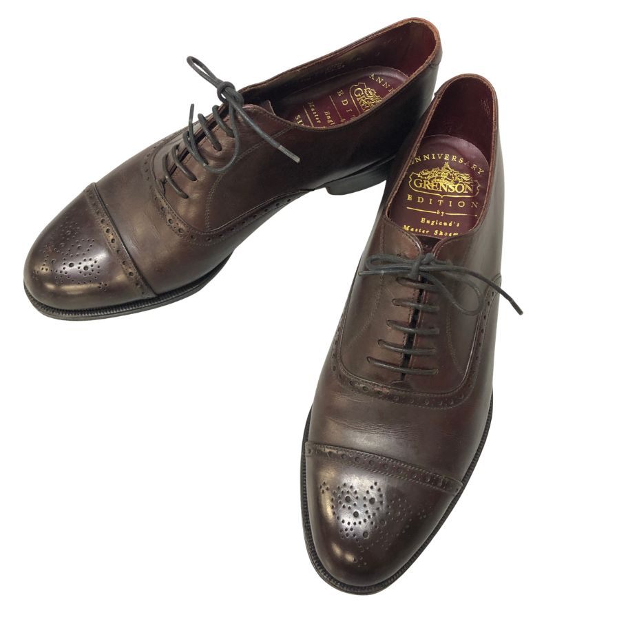 グレンソン レザーシューズ セミブローグ アニバーサリー エディション カーフ バーガンディ 7.5E メンズ GRENSON 約26.5cm【AFC1】