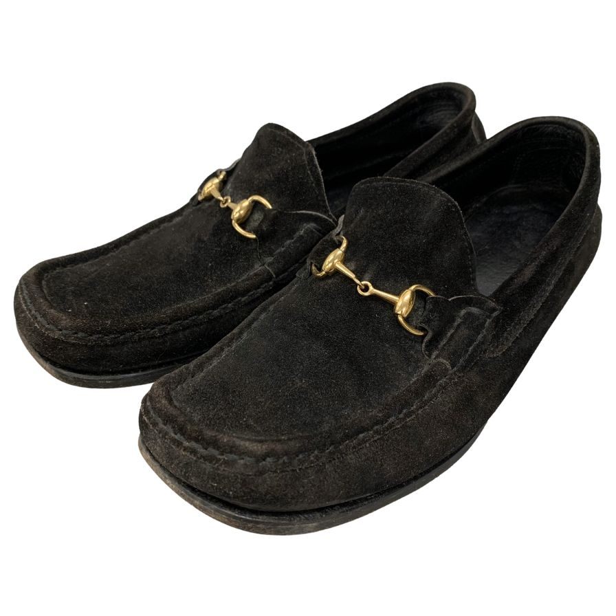 グッチ ビットローファー スエード モカシン ユニセックス ブラック サイズ37ハーフ GUCCI 約24.5cm【AFC43】