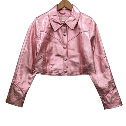 極美品◆ラブシャックファンシー ラメ レザー ジャケット ショート丈 ラムレザー レディース サイズM ピンク  love shack fancy 【AFB24】