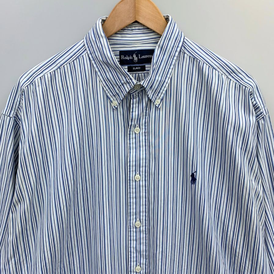 中古◆ラルフローレン 90S ストライプシャツ ブルー系 メンズ サイズL RALPH LAUREN 【AFB10】