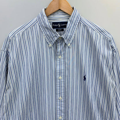 中古◆ラルフローレン 90S ストライプシャツ ブルー系 メンズ サイズL RALPH LAUREN 【AFB10】