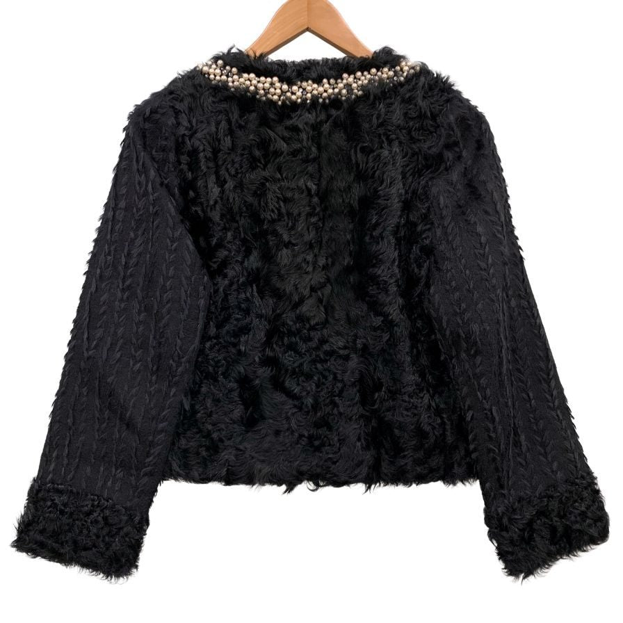極美品◆ルールロジェット ファー ボレロ ジャケット ラムファー ビジューあしらい 日本製 レディース サイズ1 ブラック leur logette 【AFB32】