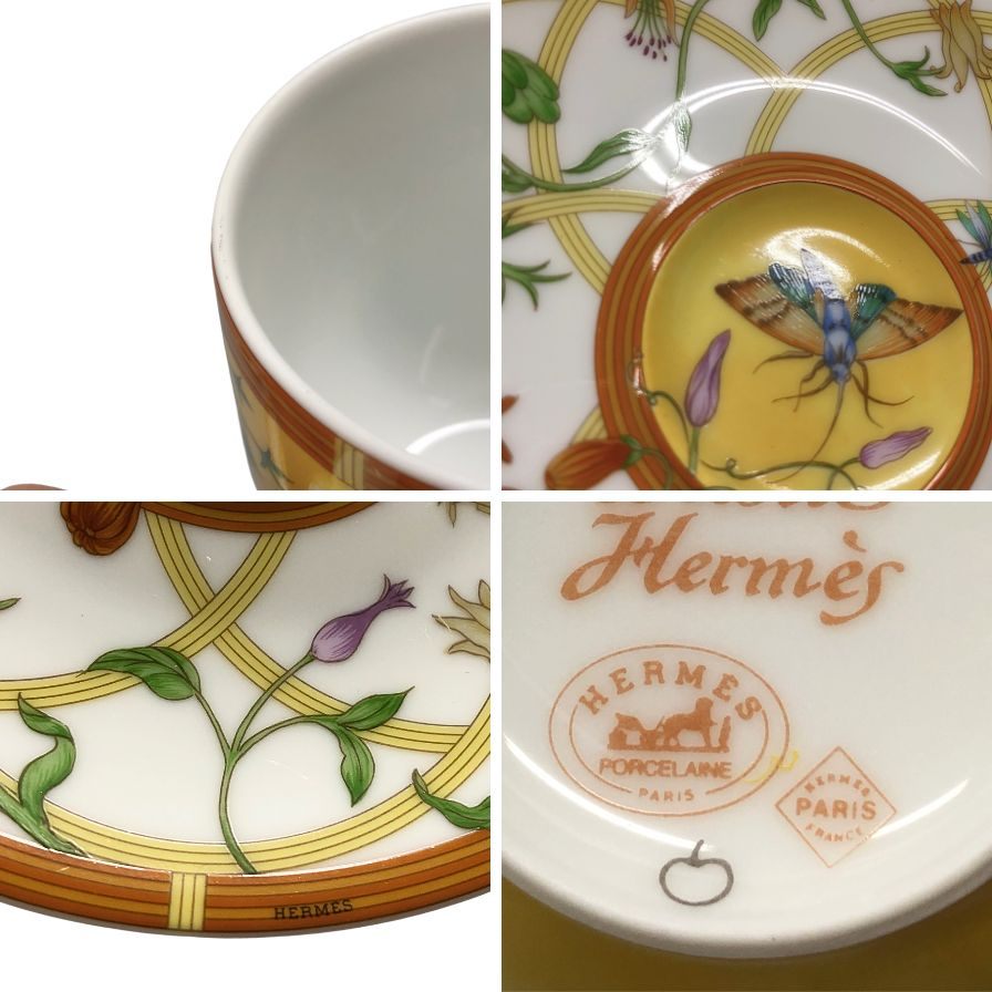 エルメス シエスタ デミタス カップ&ソーサー 花柄 イエロー系 総柄 2客セット HERMES【AFI28】【中古】
