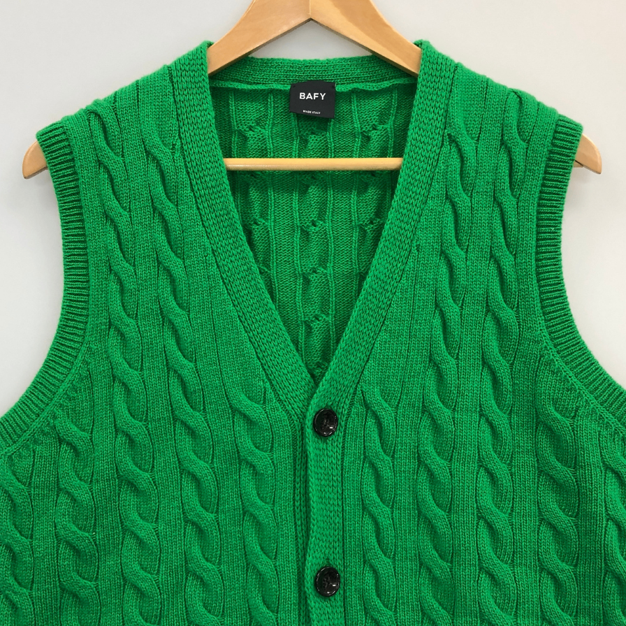美品◆バフィー ケーブルニット ベスト ウール メンズ グリーン サイズ50 BAFY 【AFB13】