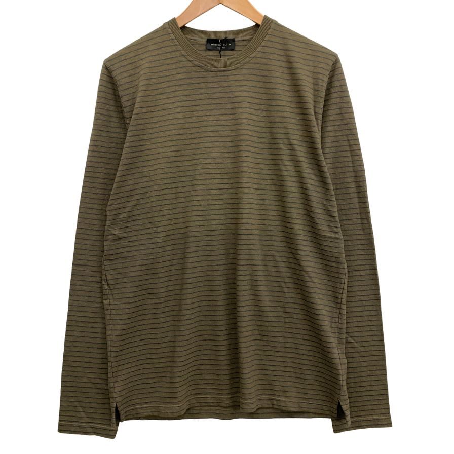 新品同様◆ロベルトコリーナ Tシャツ ロングスリーブ ボーダー リネン混 コットン カーキ サイズ48 メンズ roberto collina 【AFB41】