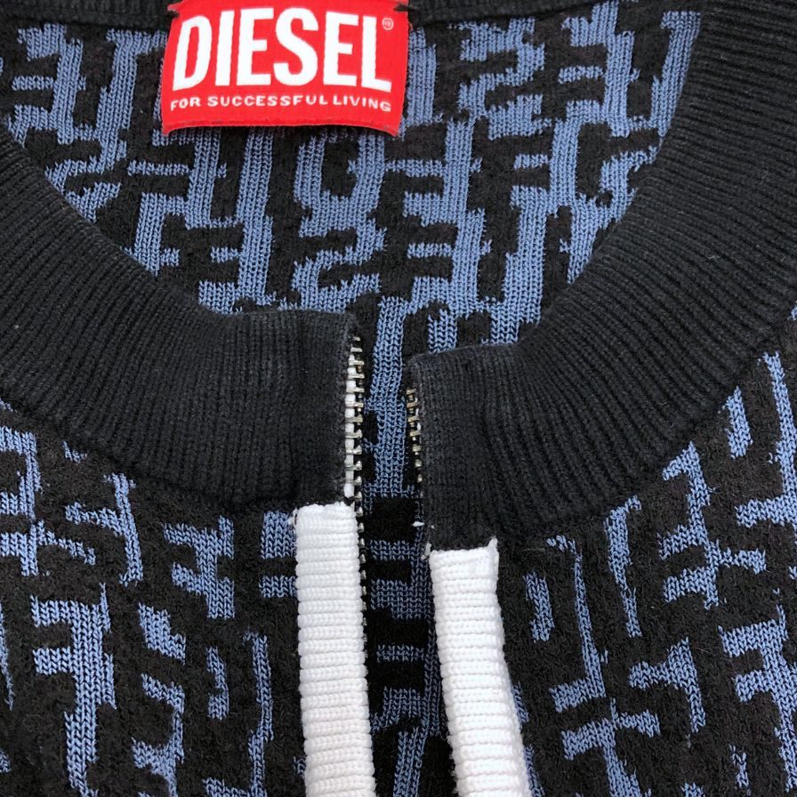 美品◆ディーゼル ニットセーター K-OBE-ZIP ジャガード 総柄 ジップ カーディガン ジャケット ネイビー メンズ サイズS DIESEL 【AFB19】