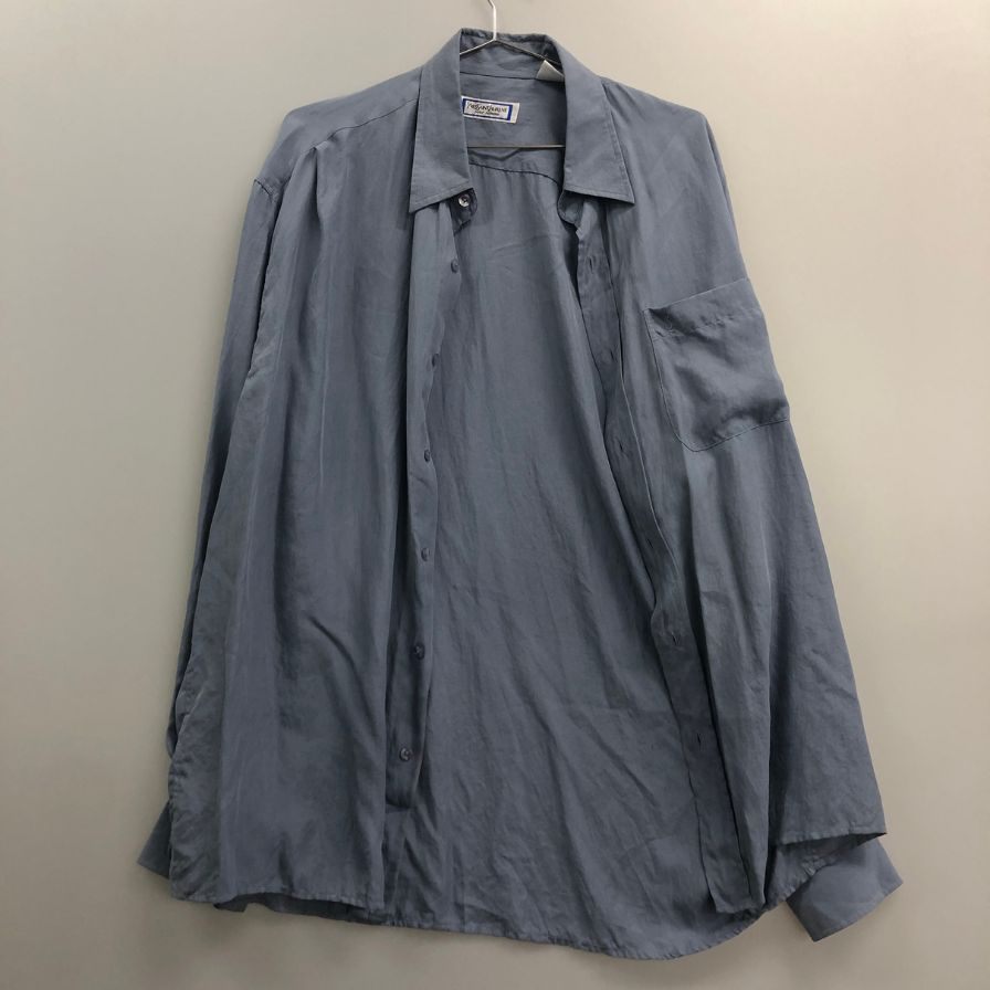 中古◆イブサンローラン プールオム シルクシャツ ブルー 90s メンズ サイズ4 YVES SAINT LAURENT POUR HOMME 【AFB35】