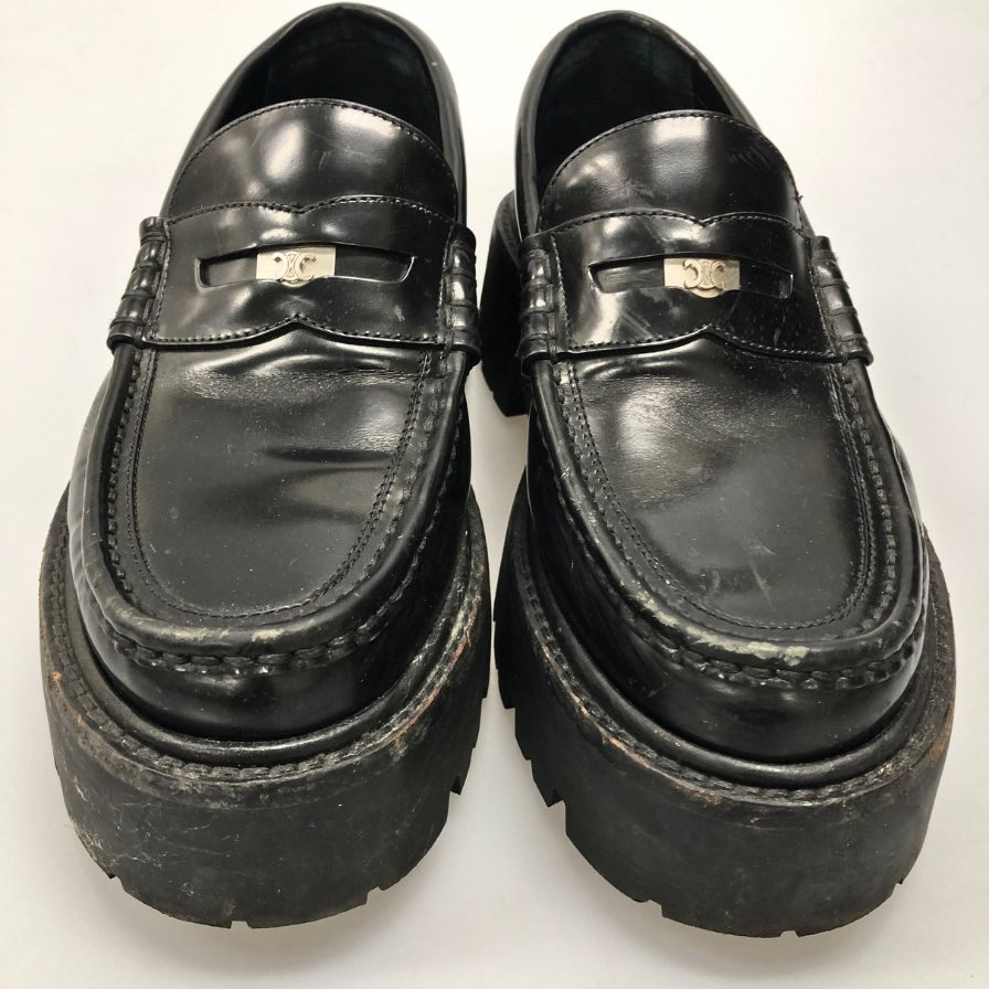 セリーヌ ローファー FA0292 トリオンフバルキーペニー レースアップシューズ  ブラック カーフ サイズ39 CELINE 約25.5cm【AFC2】