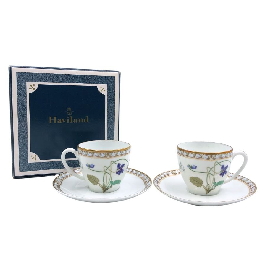 アビランド リモージュ ルーブシエンヌ カップ&ソーサー ホワイト 花柄 Haviland Limoges Louveciennes 2客セット【AFI26】【中古】