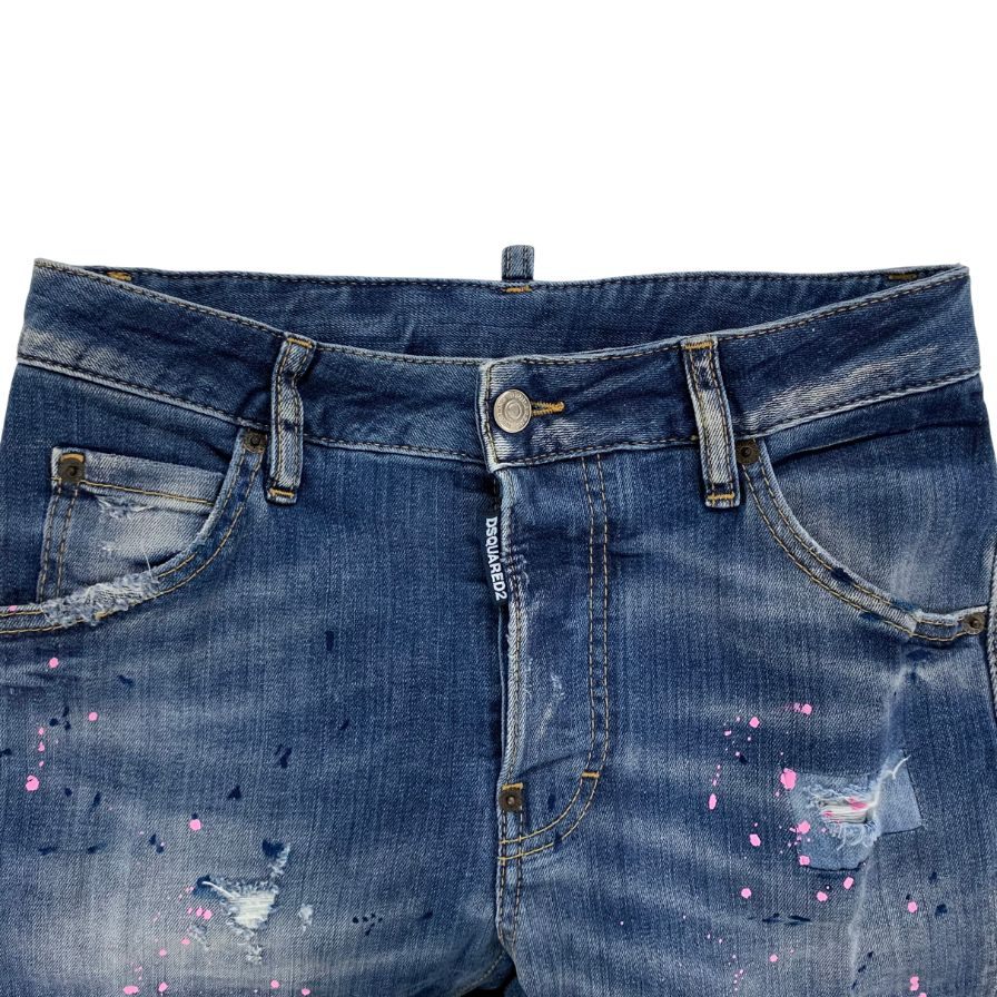ディースクエアード デニムパンツ kenny jean S75LA0615 ロゴ金具 ペイント加工 クラッシュ加工 コットン ポリウレタン ブルー系 レディース サイズ38 DSQUARED2 【AFB21】