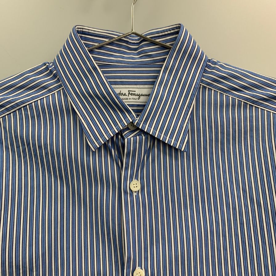 美品◆サルヴァトーレ フェラガモ シャツ ストライプ コットン ブルー メンズ サイズ39-R Salvatore Ferragamo 【AFB11】