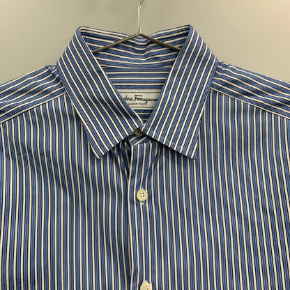 美品◆サルヴァトーレ フェラガモ シャツ ストライプ コットン ブルー メンズ サイズ39-R Salvatore Ferragamo 【AFB11】