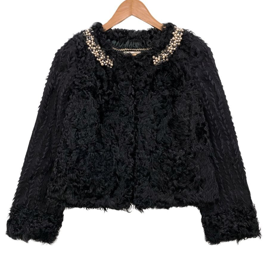 極美品◆ルールロジェット ファー ボレロ ジャケット ラムファー ビジューあしらい 日本製 レディース サイズ1 ブラック leur logette 【AFB32】