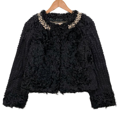 極美品◆ルールロジェット ファー ボレロ ジャケット ラムファー ビジューあしらい 日本製 レディース サイズ1 ブラック leur logette 【AFB32】