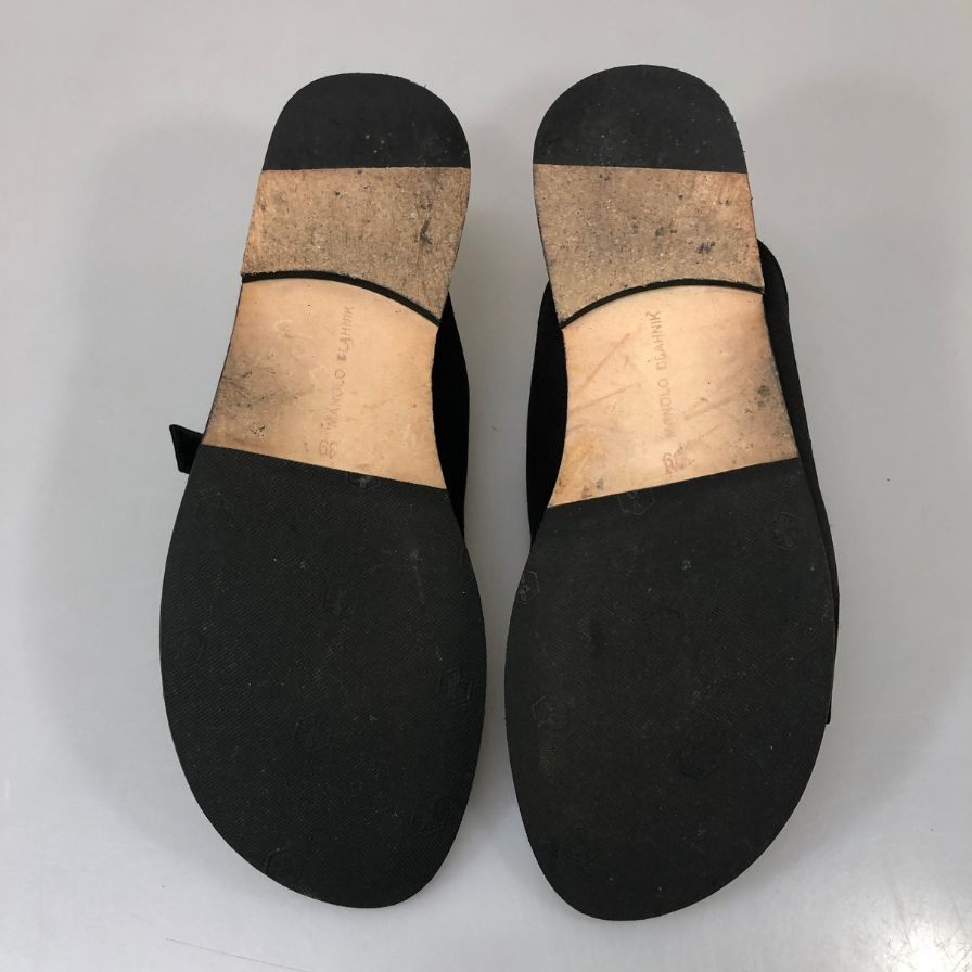 マノロブラニク サンダル ハンギシ ビジュー付き レザー×サテン ブラック レディース サイズ39 MANOLO BLAHNIK 約25.0cm【YB3】