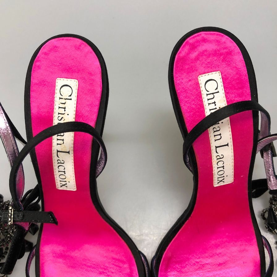 クリスチャン ラクロワ パンプス ビーズストラップ レザー ヒール ブラック ピンク レディース サイズ38 Christian Lacroix 約24.5cm【AFD1】