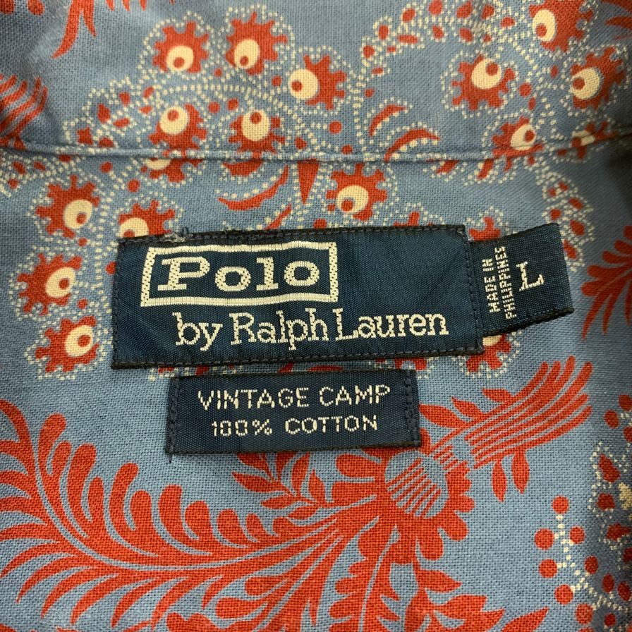 極美品◆ポロ ラルフローレン 半袖シャツ ヴィンテージキャンプ サイズL コットン100% メンズ ブルー系 POLO RALPH LAUREN 【AFB46】