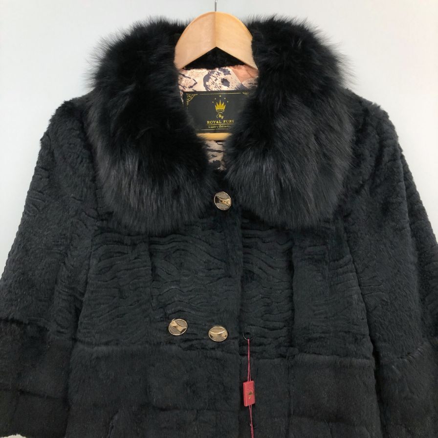 ロイヤルファー コート 本毛皮 ラビットファー 裏レオパード ブラック レディース サイズM ROYAL FURS【AFF19】