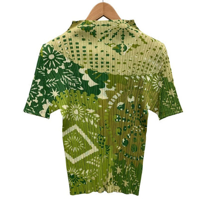 美品◆プリーツプリーズイッセイミヤケ カットソー 半袖 総柄 グリーン系 レディース サイズ3 PP91-JK604 PLEATS PLEASE ISSEY MIYAKE 【AFB31】