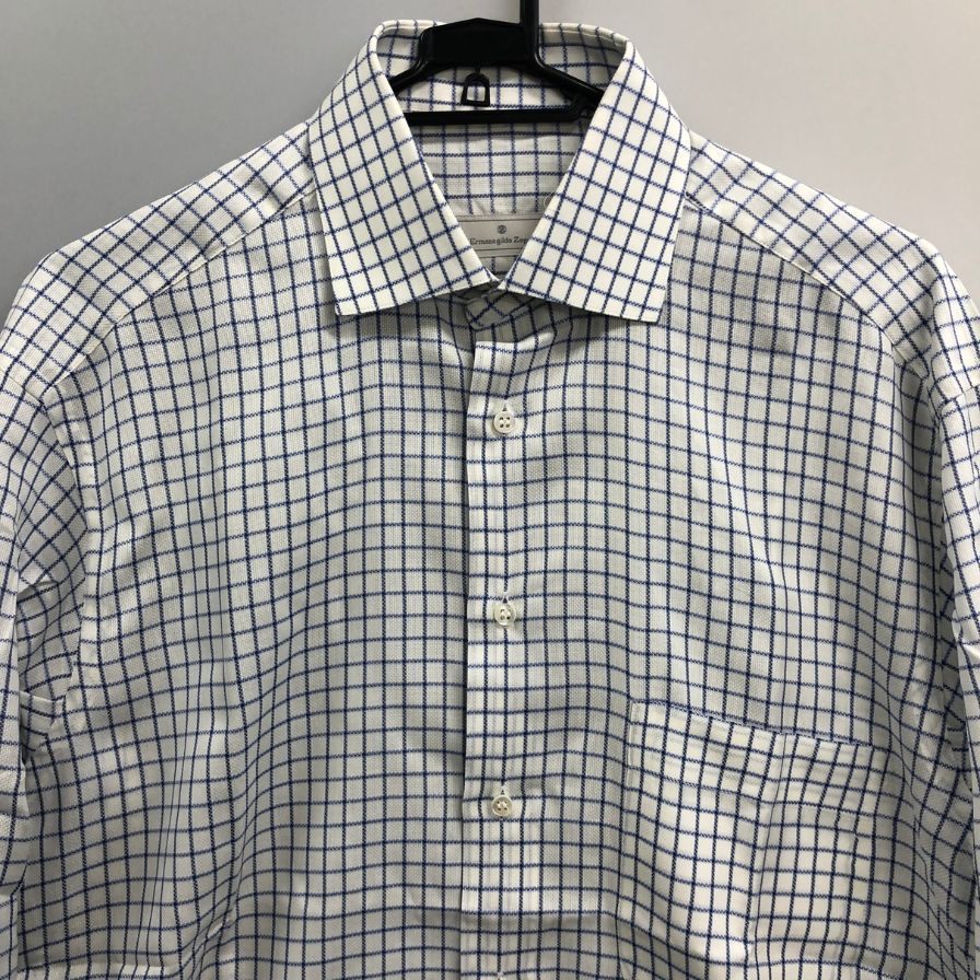 極美品◆エルメネジルドゼニア 長袖ドレスシャツ チェック柄 ブルー サイズ38/15 Ermenegildo Zegna 【AFB35】