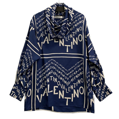 美品◆ヴァレンティノ プルオーバーシャツ ロゴ総柄 シルク ネイビー サイズ40 レディース Valentino 【AFB9】
