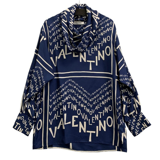 美品◆ヴァレンティノ プルオーバーシャツ ロゴ総柄 シルク ネイビー サイズ40 レディース Valentino 【AFB9】