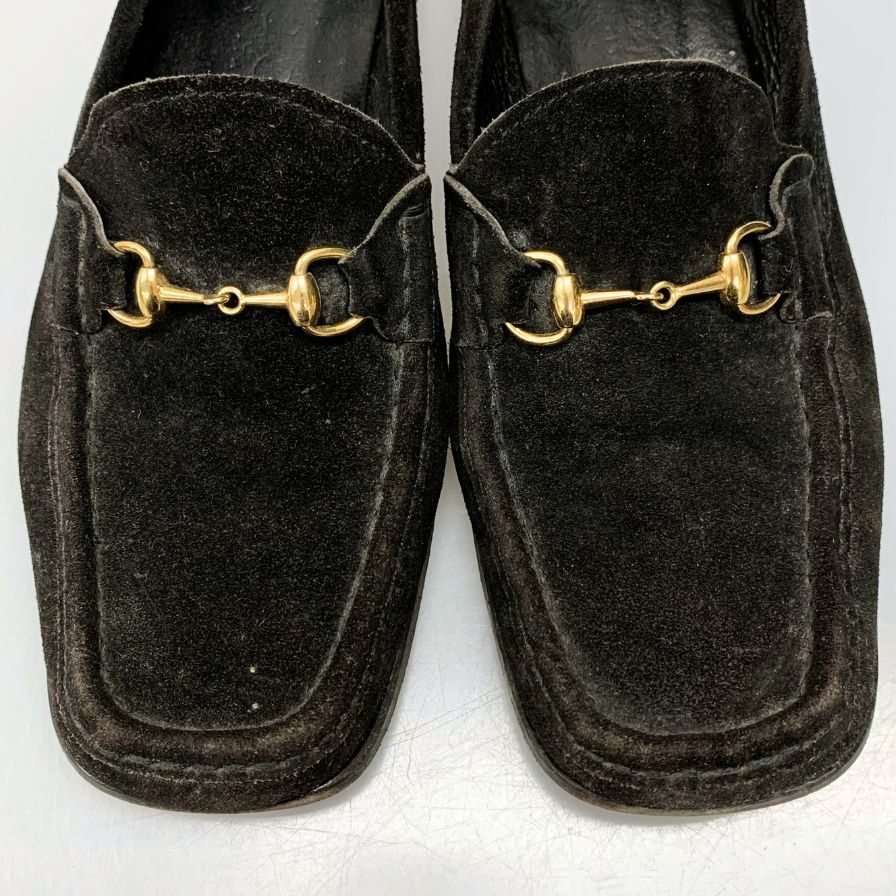 グッチ ビットローファー スエード モカシン ユニセックス ブラック サイズ37ハーフ GUCCI 約24.5cm【AFC43】