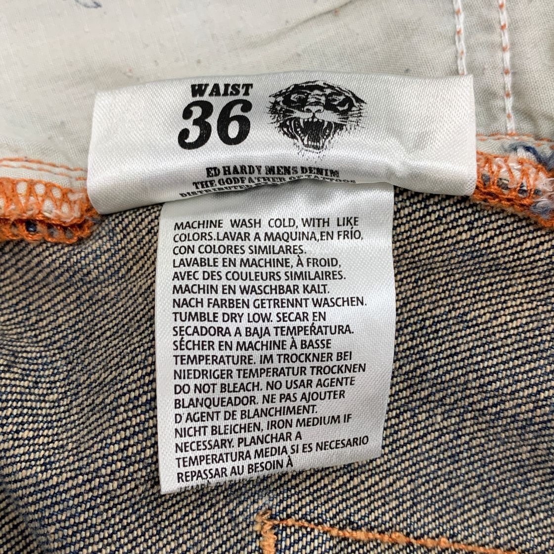 エドハーディー デニムショーツ ハーフ パンツ 鷹 ドクロ 刺繍 装飾 ボタンフライ ウォッシュ USED加工 インディゴ メンズ サイズ36 Ed Hardy 【AFB48】