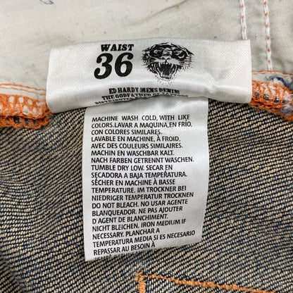 エドハーディー デニムショーツ ハーフ パンツ 鷹 ドクロ 刺繍 装飾 ボタンフライ ウォッシュ USED加工 インディゴ メンズ サイズ36 Ed Hardy 【AFB48】