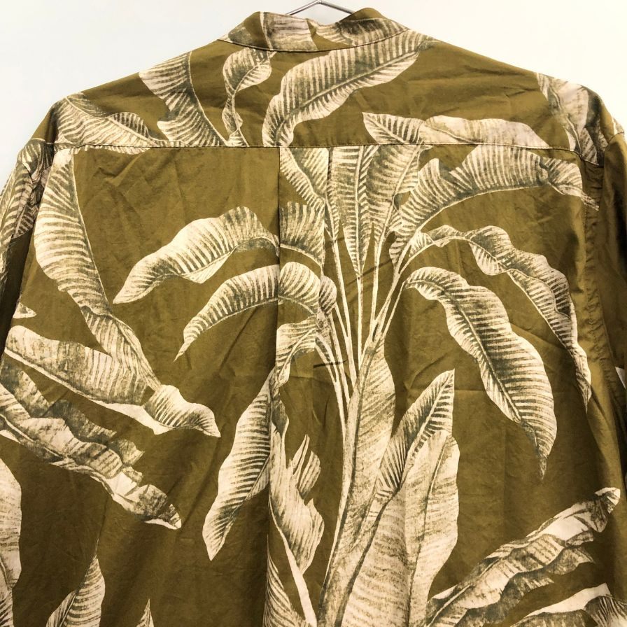 美品◆クリスタセヤ ボタニカル柄 長袖 ノーカラーシャツ ブラウン系 メンズ サイズL cristaseya 【AFB35】