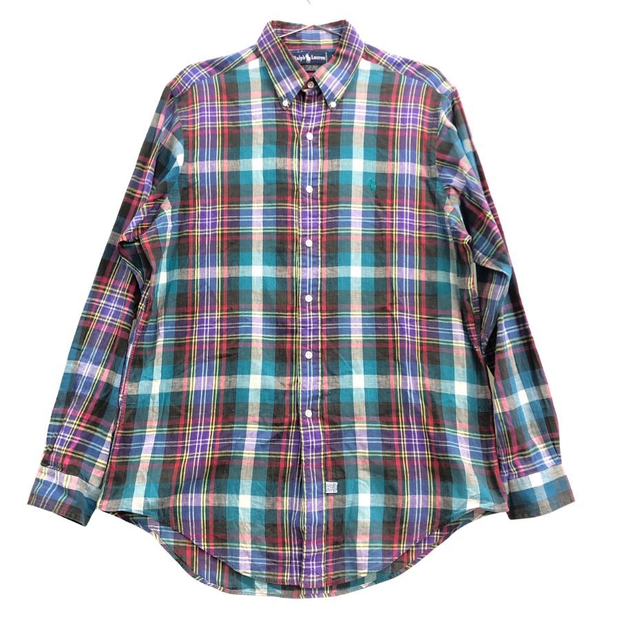 中古◆ラルフローレン ボタンダウンシャツ 90S チェック マルチカラー メンズ サイズL Ralph Lauren 【AFB12】