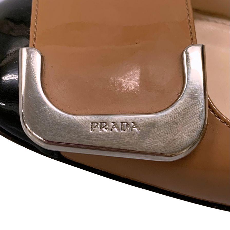 プラダ パンプス エナメル レザー チャンキ―ヒール バイカラー ベージュ系 レディース サイズ36.5 PRADA 約22.5cm【AFC34】