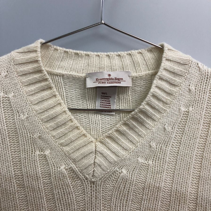 美品◆エルメネジルドゼニア ニットセーター カシミヤ100% グラデーション Vネック ホワイト系 サイズ48 メンズ Ermenegildo Zegna 【AFB41】