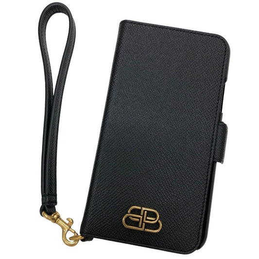 バレンシアガ スマホケース 手帳型 ブラック レザー iPhone X/XS ストラップ付 ユニセックス BALENCIAGA【AFB54】【中古】