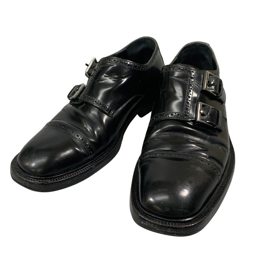 グッチ レザーシューズ 5245 ダブルモンク パンチドキャップトゥ ガラスレザー ブラック サイズ41.5E メンズ GUCCI 約26.5cm【AFC44-2】