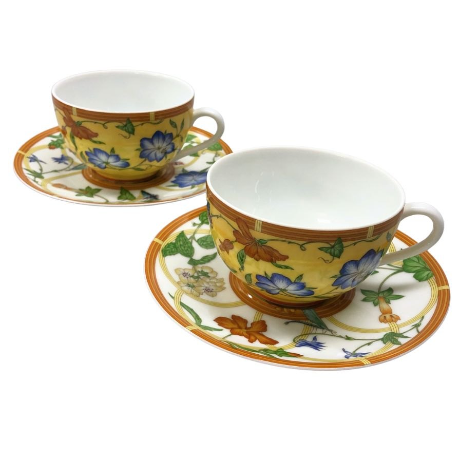 エルメス シエスタ カップ&ソーサー 花柄 イエロー系 2客セット HERMES【AFI28】【中古】