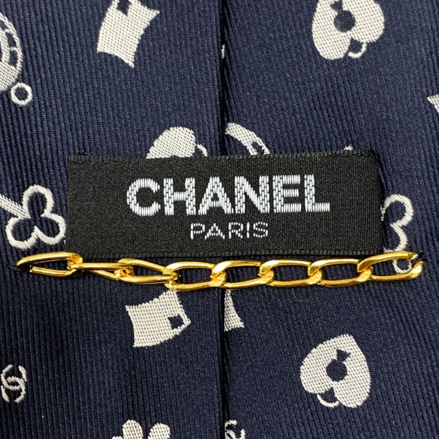 シャネル マルチ柄 ネクタイ ネイビー メンズ 総柄 鍵 四つ葉 馬蹄 イタリア製 CHANEL【AFI10】