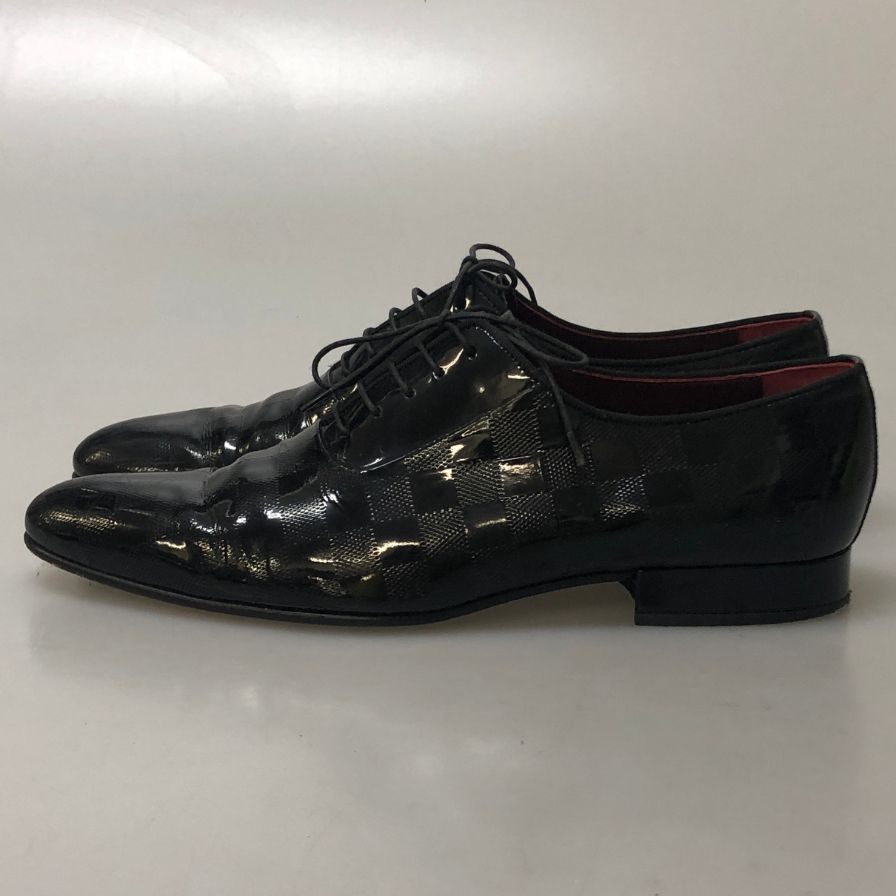 ルイヴィトンST1008 レザーシューズ プレーントゥ ガラスレザー チェック柄 ブラック サイズUK8 メンズ LOUIS VUITTON 約27.0cm【AFC4】