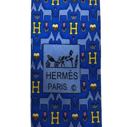 エルメス 総柄ネクタイ シルク100% ブルー系 Hermes【AFI7】
