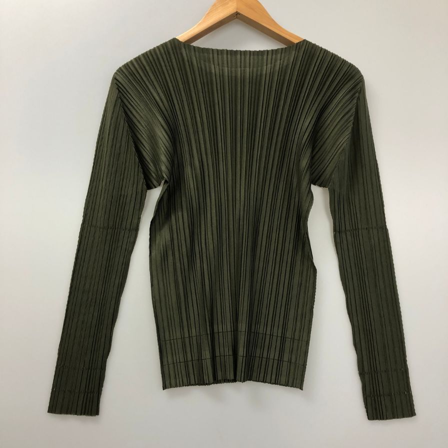 極美品◆プリーツプリーズ イッセイミヤケ 長袖プリーツカットソー カーキ サイズ3 レディース PLEATS PLEASE ISSEY MIYAKE 【AFB22】