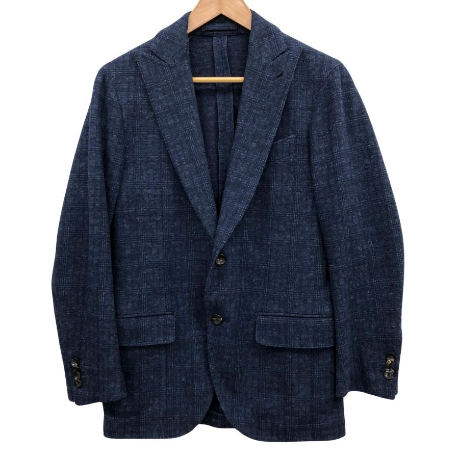 美品◆ラルディーニ テーラードジャケット コットン ウール チェック柄 ネイビー系 サイズ44REG LARDINI 【AFB41】