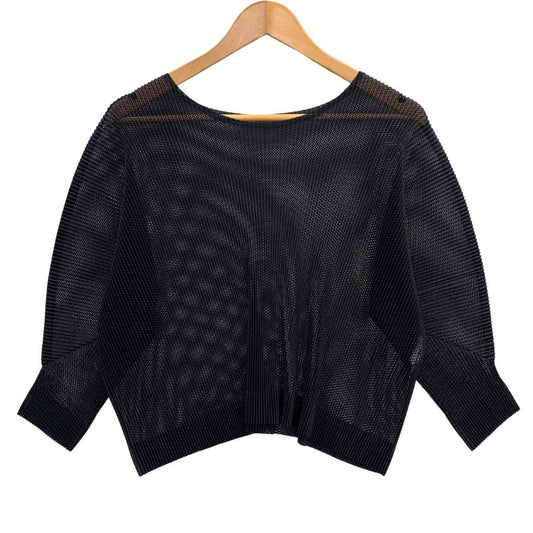 極美品◆プリーツプリーズ イッセイミヤケ メッシュ  カットソー PP53-FK252  レディースサイズ 3 ブラック PLEATS PLEASE ISSEY MIYAKE MADE IN JAPA 【AFB21】