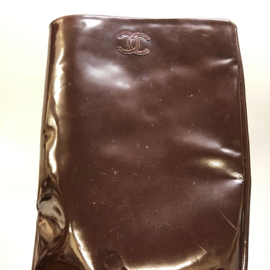 シャネル パテントレザー ロングブーツ ココマーク ブラウン レディース サイズ39C CHANEL 約25.5cm【AFC47】