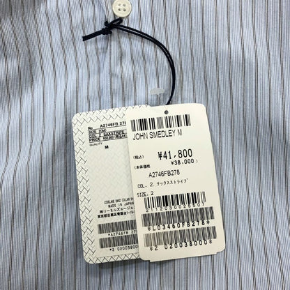 新品同様◆ジョンスメドレー シャツ ノーカラー バンドカラー 長袖 ストライプ メンズ ブルー系 サイズM JOHN SMEDLEY 【AFB36】