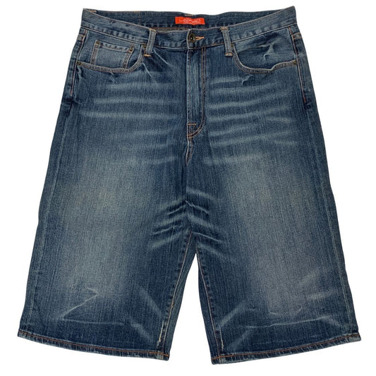 エドハーディー デニムショーツ ハーフ パンツ 鷹 ドクロ 刺繍 装飾 ボタンフライ ウォッシュ USED加工 インディゴ メンズ サイズ36 Ed Hardy 【AFB48】