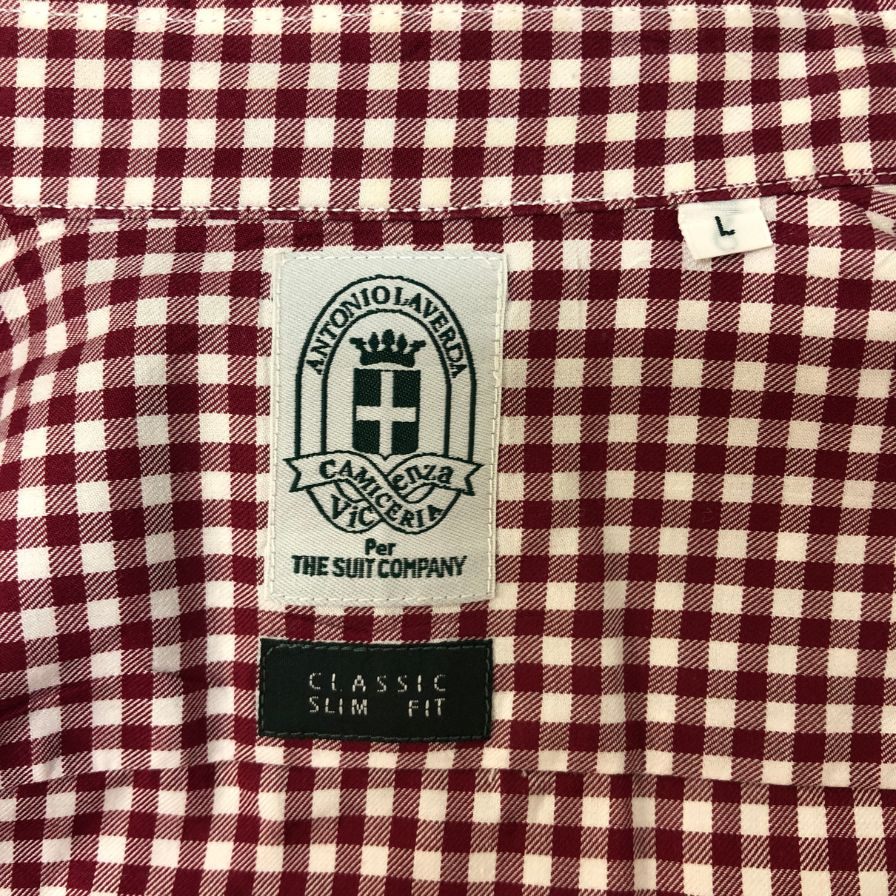 美品◆スーツカンパニー ギンガムチェックシャツ 長袖 スリムフィット コットン レッド系 サイズL  THE SUIT COMPANY 【AFB43】
