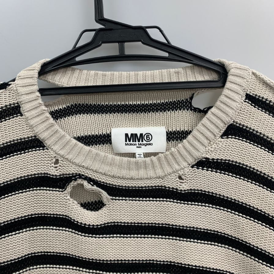 極美品◆エムエムシックス メゾン マルジェラ 23SS クルーネックニット ダメージ加工 ボーダー ホワイト レディース サイズXL S52GP0141 MM6 Maison Margiela 【AFA6】
