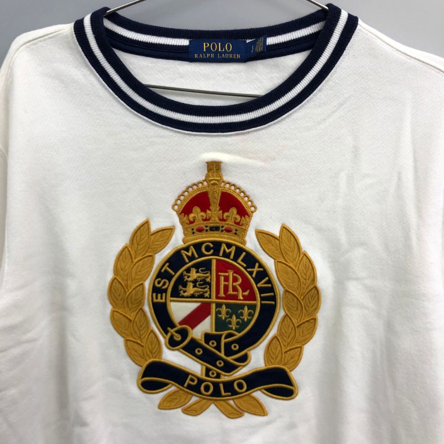 美品◆ポロ ラルフローレン 国内正規 エンブレム トップス 裏起毛 トレーナー メンズ サイズL ホワイト Polo Ralph Lauren 【AFB43】