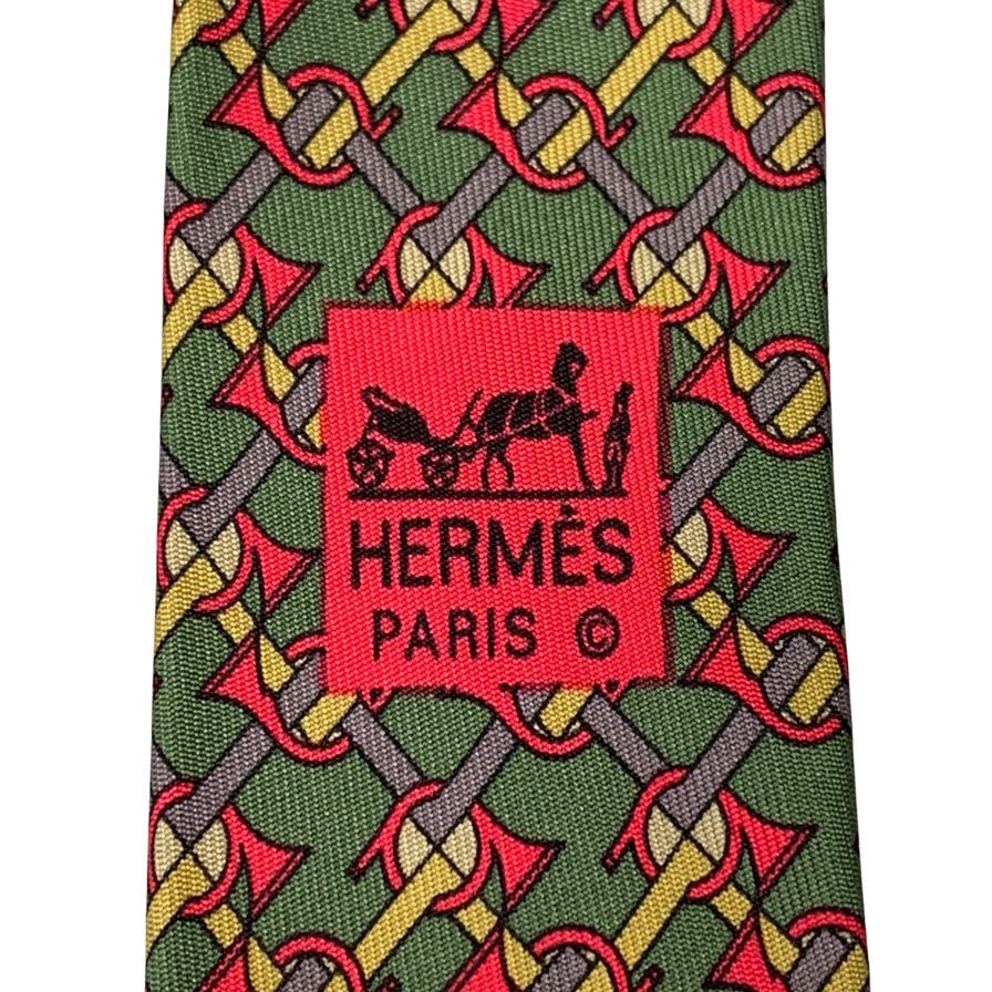 エルメス 楽器柄 ネクタイ グリーン メンズ ホーン柄 フランス製 HERMES【AFI10】