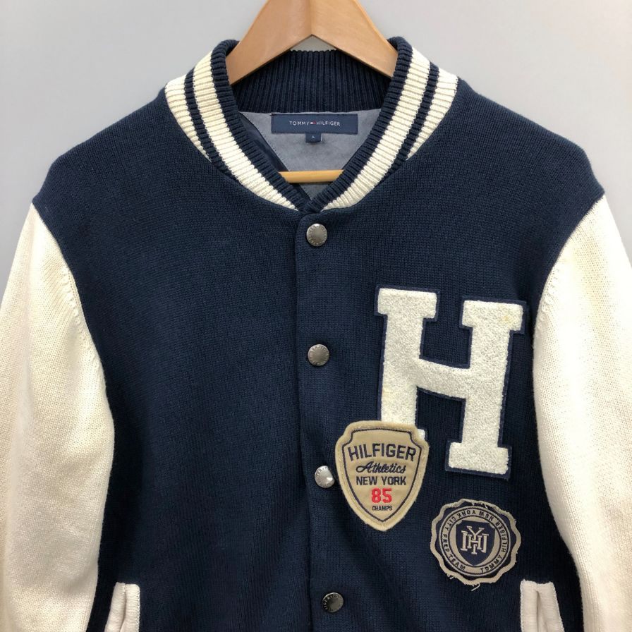 中古■トミーヒルフィガー スタジャン リブ ニットジャケット ブルゾン アップリケ ワッペン ネイビー メンズ サイズL TOMMY HILFIGER 【AFB18】